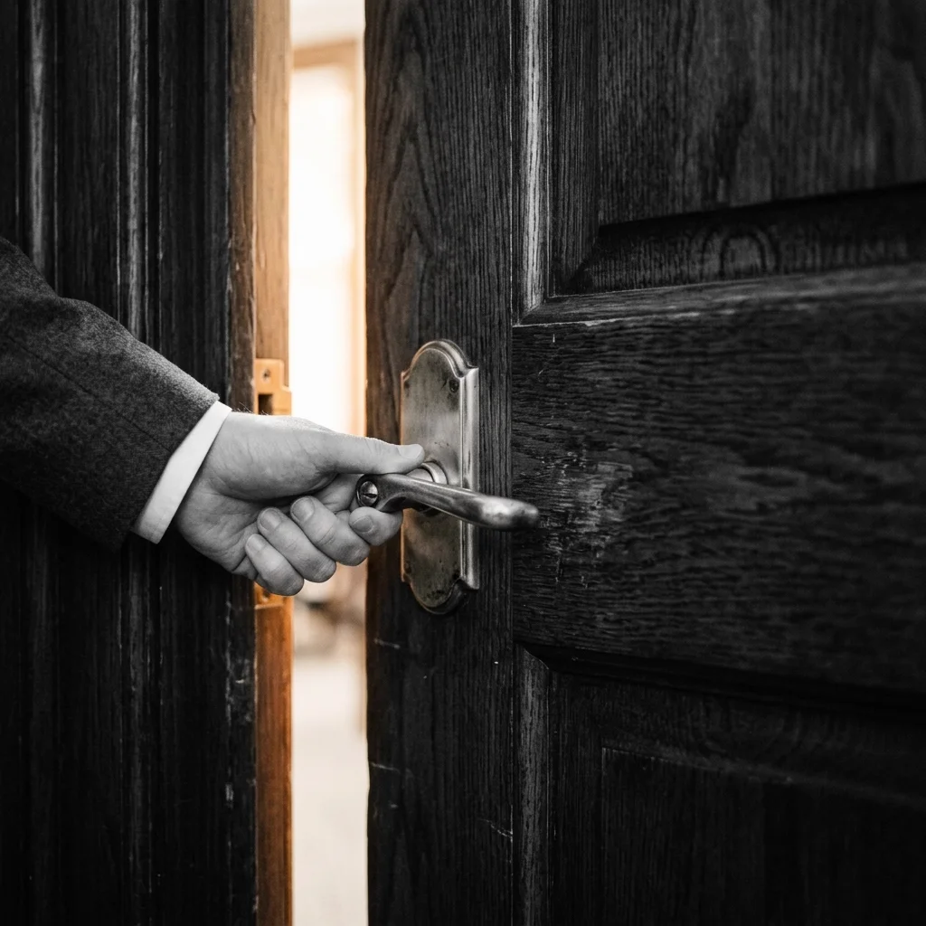 Mão abrindo uma porta de madeira com luz entrando, representando o caminho e a clareza de um atendimento jurídico